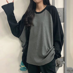 Hnewly casual winter outfits New Female T-shirt Grey O Neck Contrast Color Long Sleeve T Shirt Loose Autumn Tee Tops for Women Shirts Patchwork