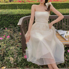 Hnewly DRESS TO IMPRESS Sweet Elegant Fairy Long Dress White Mesh Sexy Party Strap Dress Summer Vintage Wedding Evening Victorian Dress Korean New
