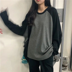 Hnewly casual winter outfits New Female T-shirt Grey O Neck Contrast Color Long Sleeve T Shirt Loose Autumn Tee Tops for Women Shirts Patchwork