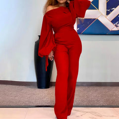 Hnewly Long Sleeve Off Shoulder Sesy Jumpsuit Lantern Sleeve Red Rompers Elegant Wide Leg Playsuit OL Ladies Overalls Party