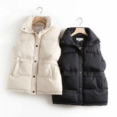 Hnewly Autumn Winter Women Solid Loose Vest Drawstring Stand Collar Long Vest Jacket Cotton Padded Women Windproof Warm Waistcoat
