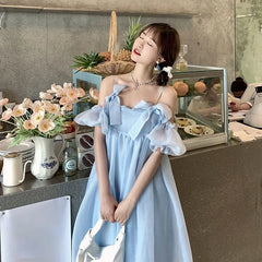 Hnewly DRESS TO IMPRESS Summer Vintage Yellow Strap Dress Women Sweet Off Shoulder Ruffle Fairy Dress Female Elegant Evening Party Ladies Dress New