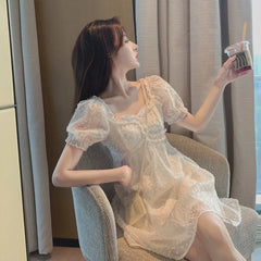 Hnewly DRESS TO IMPRESS Summer Chiffon Lace Fairy Dress Women Backless Design Puff Sleeve Party Mini Dress Female Patchwork Korean One-piece Dress