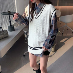 Hnewly Sweater Vest Women Sleeveless Knitting Simple College Preppy Harajuku All-match V-neck Retro Spring Fall Female Teens Lady Chic