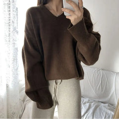 Hnewly FALL OUTFIT Sweater Pullovers Women Spring New Chic Solid V-neck All-match Loose Simple Female Fashion Vintage Elegant Clothing Leisure Soft