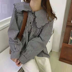Hnewly Spring Shirt Womens Lovely Elegant Soft Student Simple Plaid All-match Chic Tops Peter-pan-collar Fashion Vintage New Clothing