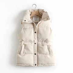 Hnewly Autumn Winter Women Solid Loose Vest Drawstring Stand Collar Long Vest Jacket Cotton Padded Women Windproof Warm Waistcoat