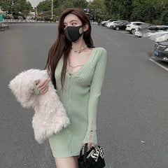 Hnewly Autumn Sexy Knitted Dress Women Long Sleeve Fairy Korean Slim Bodycon Dress Female Casual Club High Street Party Mini Dress