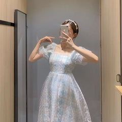 Hnewly DRESS TO IMPRESS French Puff Sleeve Midi Dress Women Square Collar Design Court Vintage Dress Femme Casual Korea Slim Chiffon Summer Dresses 2024