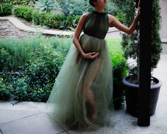 Hnewly Elegant Green Tulle Maternity Dresses Sleeveless Puffy Custom Made Sheer Plus Size Photo Shoot Pregnancy Tulle Dressing Gown