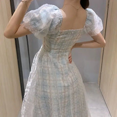Hnewly DRESS TO IMPRESS French Puff Sleeve Midi Dress Women Square Collar Design Court Vintage Dress Femme Casual Korea Slim Chiffon Summer Dresses 2024