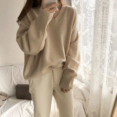 Hnewly FALL OUTFIT Sweater Pullovers Women Spring New Chic Solid V-neck All-match Loose Simple Female Fashion Vintage Elegant Clothing Leisure Soft