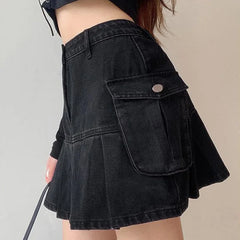 Hnewly Skirts Women Folds Denim Mini Sexy Kawaii Streetwear Korean Style Chic Casual A-Line Vintage Fashionable Harajuku Sweet Girls