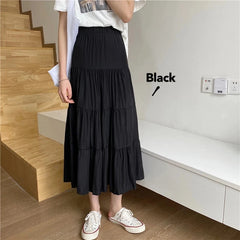 Hnewly Spring Summer Women Chiffon Skirts Vintage High Waist Elastic Patchwork White Black Chic Long Cake A-line Skirt for Student