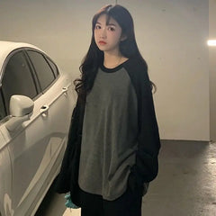 Hnewly casual winter outfits New Female T-shirt Grey O Neck Contrast Color Long Sleeve T Shirt Loose Autumn Tee Tops for Women Shirts Patchwork