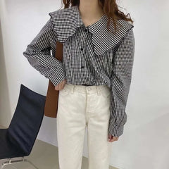 Hnewly Spring Shirt Womens Lovely Elegant Soft Student Simple Plaid All-match Chic Tops Peter-pan-collar Fashion Vintage New Clothing