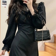 Hnewly DRESS TO IMPRESS French Lace Vintage Dress Women Fashion Puffer Sleeve Elegant One Piece Dress Korean Spring High Street Slim Midi Dress Y2k