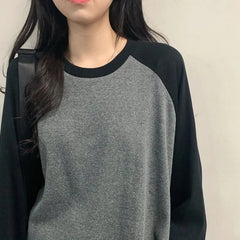 Hnewly casual winter outfits New Female T-shirt Grey O Neck Contrast Color Long Sleeve T Shirt Loose Autumn Tee Tops for Women Shirts Patchwork