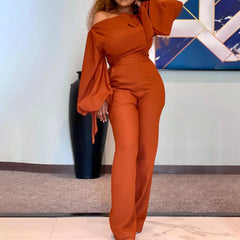 Hnewly Long Sleeve Off Shoulder Sesy Jumpsuit Lantern Sleeve Red Rompers Elegant Wide Leg Playsuit OL Ladies Overalls Party