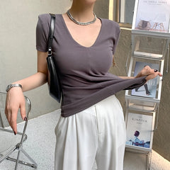 Hnewly Casual Cotton V Neck Short Sleeve T-shirt Women Fashion Shoulder Pad Solid Color Summer Slim Tees Ladies Basic Elastic Tops