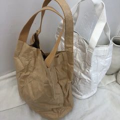 Hnewly Washed Kraft Paper Shoulder Bag Fashion Retro Pleated Messenger Bags Women's Tote Portable Bucket Handbag