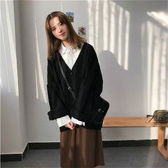 Hnewly Sweaters Women Knitting Cardigans Casual Spring V-Neck Long Sleeve Daily Solid Mujer Clothes Single Breasted Brown College