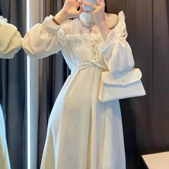 Hnewly DRESS TO IMPRESS French Lace Vintage Dress Women Fashion Puffer Sleeve Elegant One Piece Dress Korean Spring High Street Slim Midi Dress Y2k
