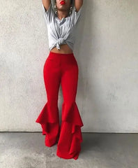Hnewly Hippie Women Enthusiastic Red Ruffles Slim Flare Pants Elastic Bottom Fashion Summer New Wide Leg Trouser Elegant Clothing