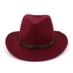 Hnewly Western Cowboy Cowgirl Fedora Hats with Leather band Men Women Wide Brim Sunhat Felt Jazz Panama cap Trilby Party Fedoras