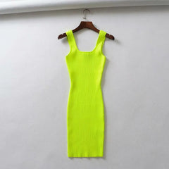 Hnewly Summer Pink Neon Green Dress Women Ribbed Fluorescence Knit Bodycon Dress Tank Beach Casual Mini Dress Short Sundress
