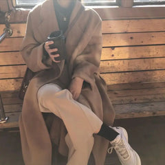 Hnewly Winter Korean Handmade Double Breasted Long 100% Wool Coat Women Casual Loose Lacing Belt Woolen Overcoat Oversized