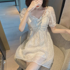 Hnewly DRESS TO IMPRESS Summer Chiffon Lace Fairy Dress Women Backless Design Puff Sleeve Party Mini Dress Female Patchwork Korean One-piece Dress