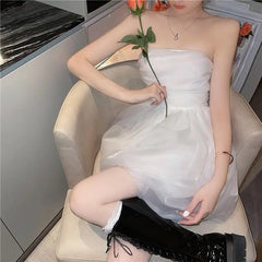 White Mesh Mini Dress Women Sexy Strapless Korean Slim Fairy Dress Female Summer Elegant Beach Party Princess Sweet Dress