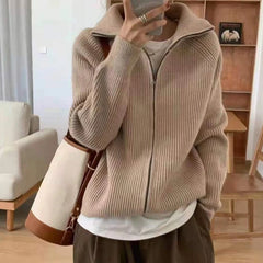 Hnewly Sweater Cardigan Women Spring New Solid Vintage All-match Elegant Zipper Loose Daily Soft Sweet Simple Casual Knitwear Chic Teen