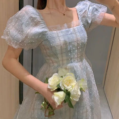 Hnewly DRESS TO IMPRESS French Puff Sleeve Midi Dress Women Square Collar Design Court Vintage Dress Femme Casual Korea Slim Chiffon Summer Dresses 2024