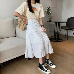 Hnewly Spring Summer Women Chiffon Skirts Vintage High Waist Elastic Patchwork White Black Chic Long Cake A-line Skirt for Student