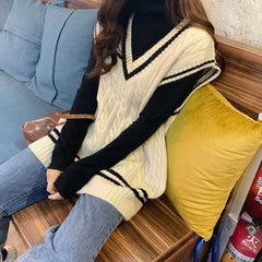Hnewly Sweater Vest Women Sleeveless Knitting Simple College Preppy Harajuku All-match V-neck Retro Spring Fall Female Teens Lady Chic