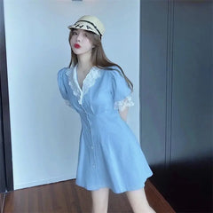 Hnewly DRESS TO IMPRESS Japanese Sweet Mini Dress Women Patchwork Design Lace V-neck Party Dress Female Puff Sleeve Summer Office Lady Kawaii Dress 2024