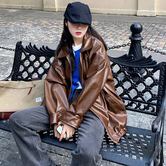 Hnewly trashy outfits Korean Black Leather Jacket Women Winter Long Women's Moto Biker Zipper Jacket Streetwear Harajuku Y2K Loose Women's Coat