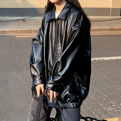 Hnewly trashy outfits Korean Black Leather Jacket Women Winter Long Women's Moto Biker Zipper Jacket Streetwear Harajuku Y2K Loose Women's Coat