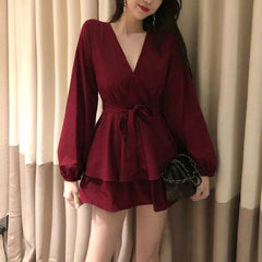 Hnewly Long Sleeve Dress Women Red V-neck Cascading Ruffle Casual Mini Dresses Womens Elegant Sexy Party Vestidoes Fashion Solid Trendy
