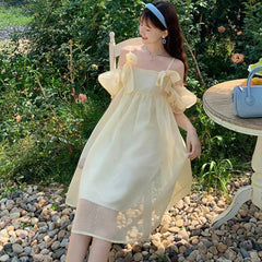 Hnewly DRESS TO IMPRESS Summer Vintage Yellow Strap Dress Women Sweet Off Shoulder Ruffle Fairy Dress Female Elegant Evening Party Ladies Dress New