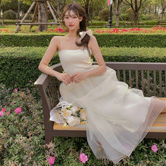 Hnewly DRESS TO IMPRESS Sweet Elegant Fairy Long Dress White Mesh Sexy Party Strap Dress Summer Vintage Wedding Evening Victorian Dress Korean New