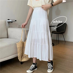 Hnewly Spring Summer Women Chiffon Skirts Vintage High Waist Elastic Patchwork White Black Chic Long Cake A-line Skirt for Student