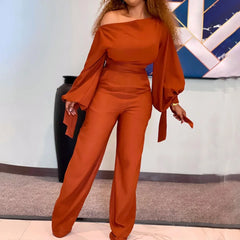 Hnewly Long Sleeve Off Shoulder Sesy Jumpsuit Lantern Sleeve Red Rompers Elegant Wide Leg Playsuit OL Ladies Overalls Party