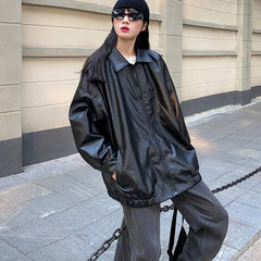 Hnewly trashy outfits Korean Black Leather Jacket Women Winter Long Women's Moto Biker Zipper Jacket Streetwear Harajuku Y2K Loose Women's Coat