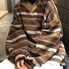 Hnewly WINTER OUTFITS Knitted Sweaters Women Oversized V Neck Striped Pullover Vintage Sweater Autumn Winter Retro Warm Jumper Harajuku Loose Sweater