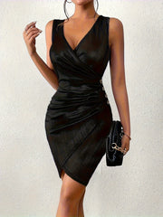 Hnewly Solid Surplice Neck Dress, Elegant Sleeveless Ruched Bodycon Dress, Women's Clothing