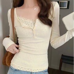 Hnewly FALL OUTFIT T-shirts Women Floral Fake Two Pieces Korean Fashionable Designed All-match Hotsweet Y2k Tops High Street Basic Clothes Fairy