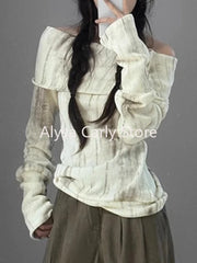 Hnewly French Winter Slim Knitted Pullover Women Slash Neck Long Sleeve Button Thin Sweater Fashion Design Casual Y2k Office Lady Tops